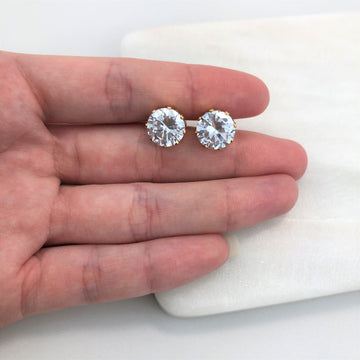 18K Gold Layered Oro Laminado Clear Rhinestone Stud Push Back Earrings 21.0136/1